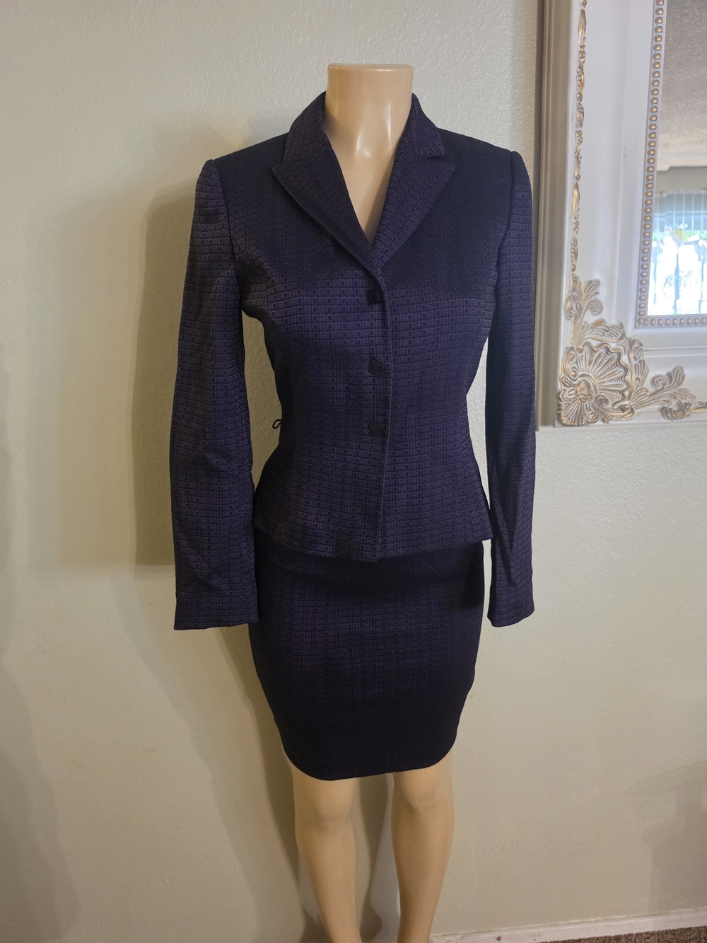 tahari arthur s levine womens 2 purple geometric jacket pencil skirt suit set